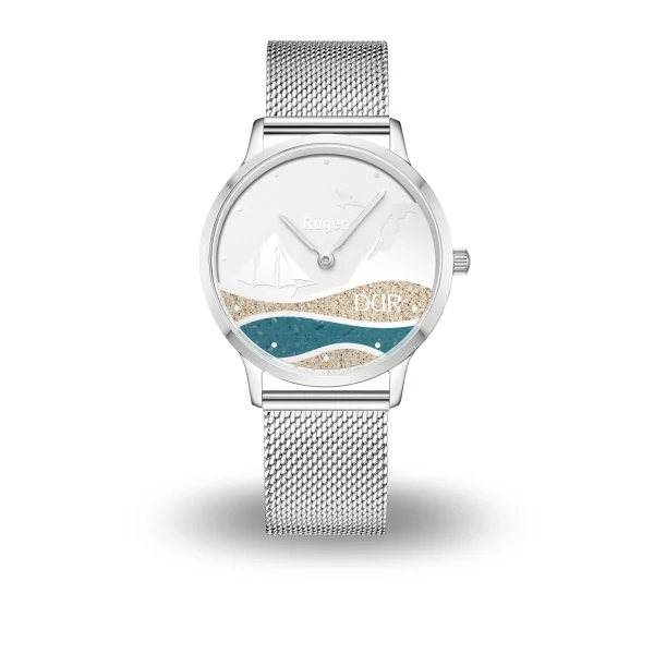 Dur Uhr*Dur schmuck DUR Uhr 36er "Göhren" Strandsand/blauer Steinsand, Mesh Band Edelstahl